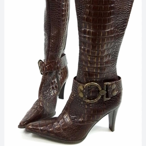 Gianni Bini Brown Leather Crocodile Boots - Picture 1 of 15